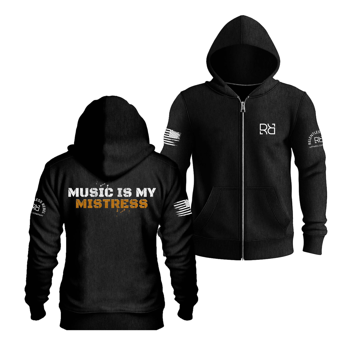 Solid Black Music Is My Mistress Back Design Zip Up Hoodie