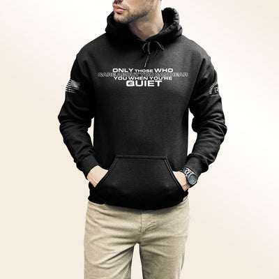Man wearing Solid Black Men's Only Those Who Care About You...Front Design Hoodie