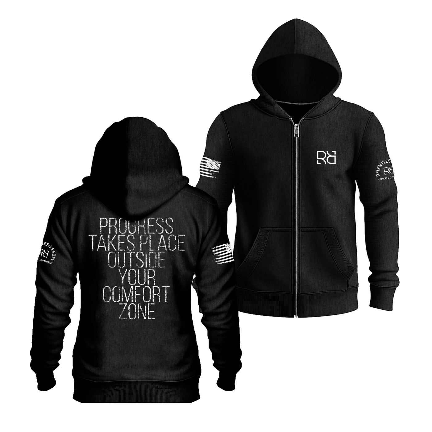 Solid Black Progress Takes Place Back Design Zip Up Hoodie