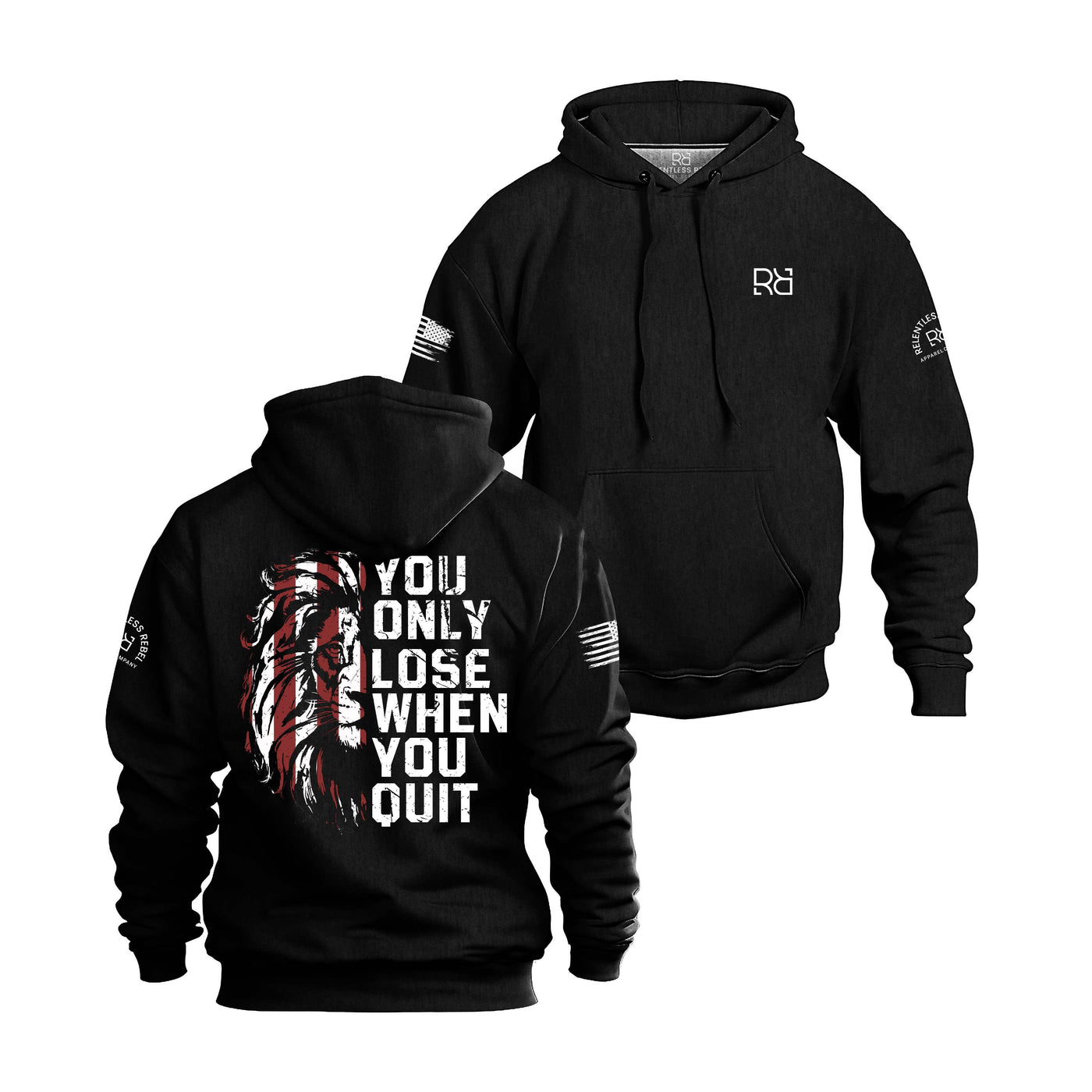 Solid Black Men's You Only Lose When You Quit Back Design Hoodie