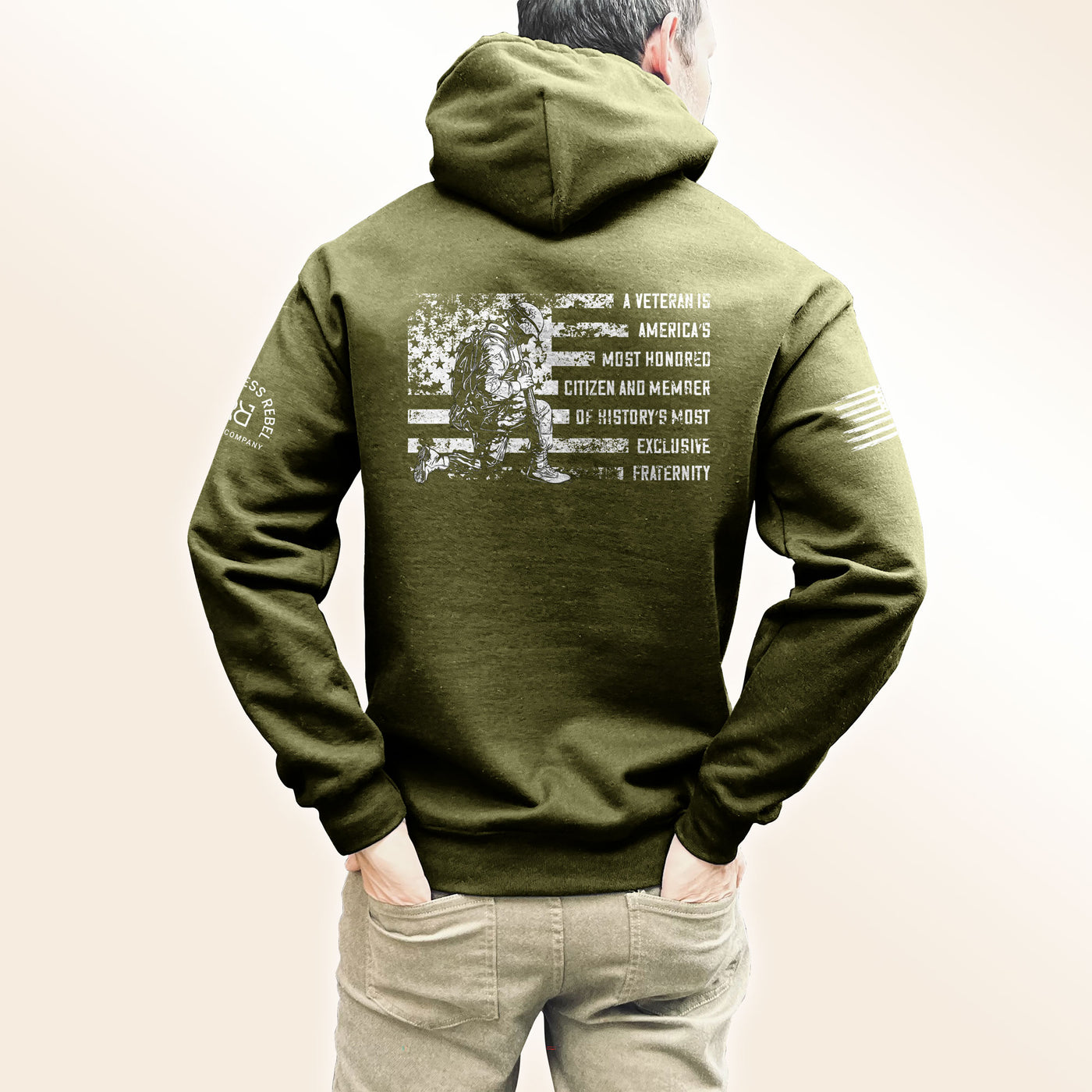 Man wearing Military Green Men's A Veteran Back Design Hoodie