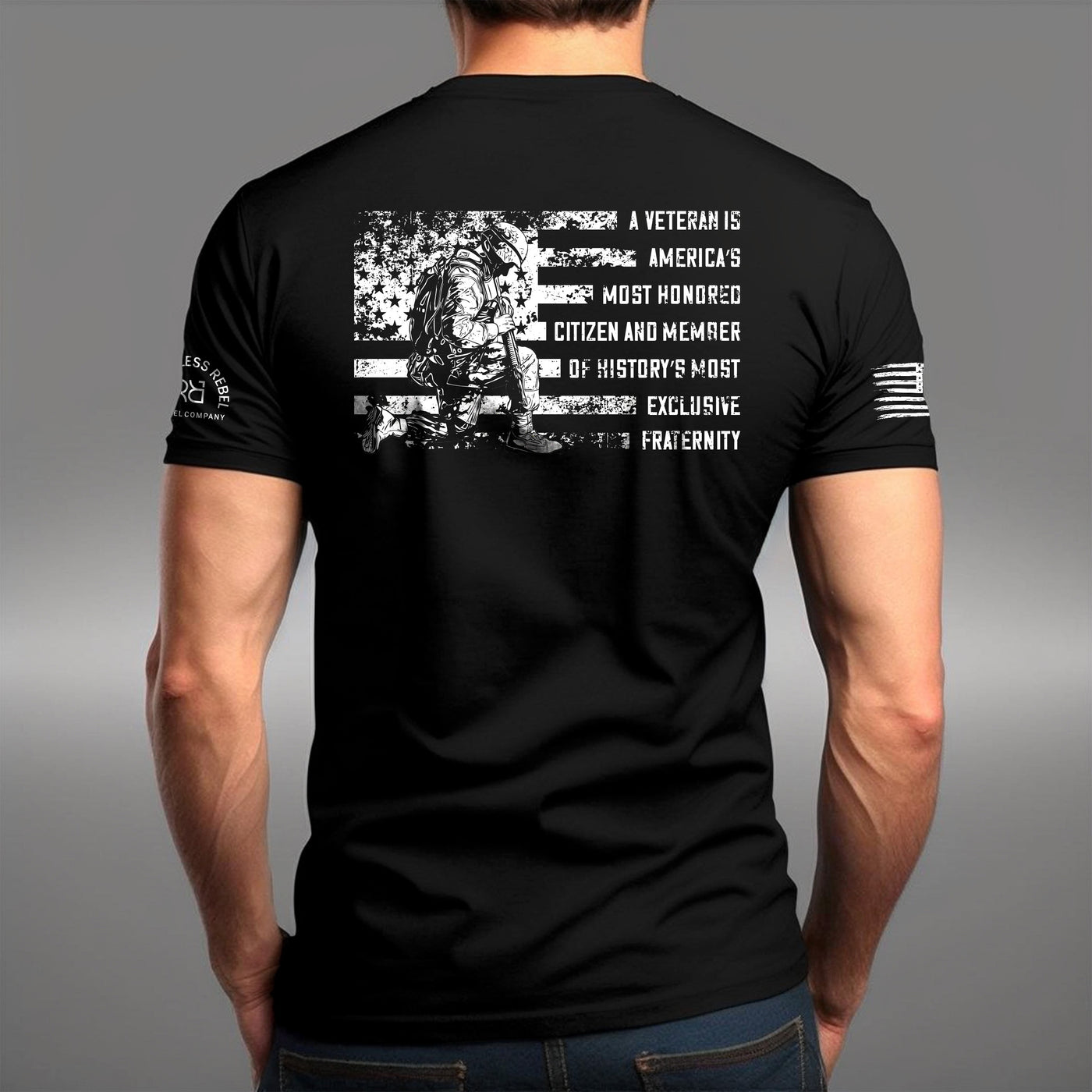 Man wearing Solid Black Men's A Veteran Back Design Tee