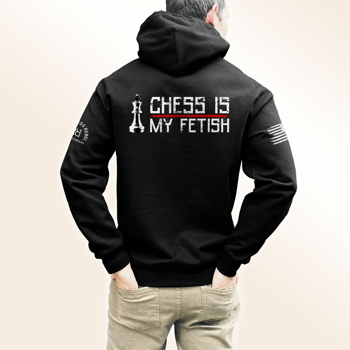 Man wearing Solid Black Men's Chess Is My Fetish Back Design Hoodie