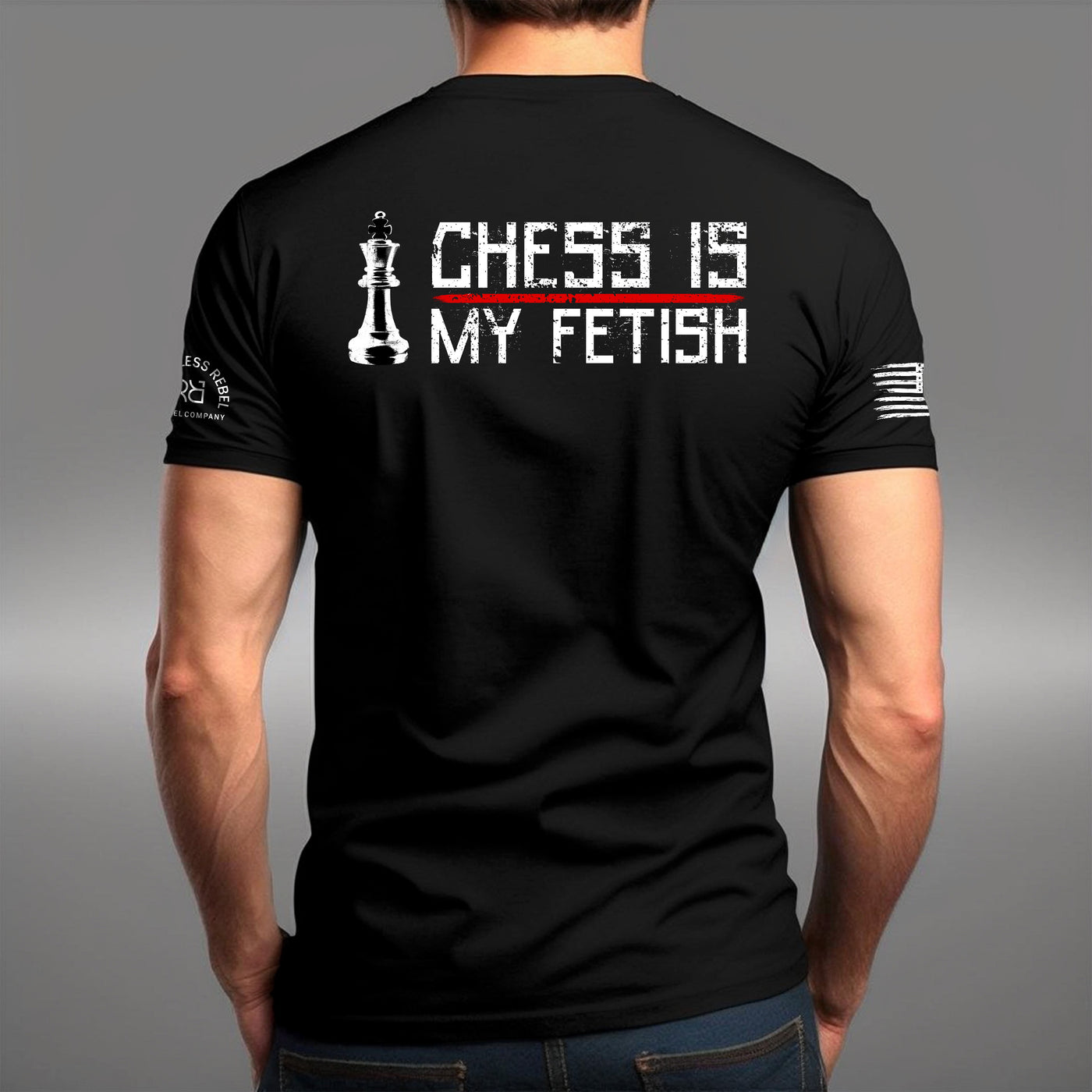 Man wearing Solid Black Men's Chess is My Fetish Back Design Tee