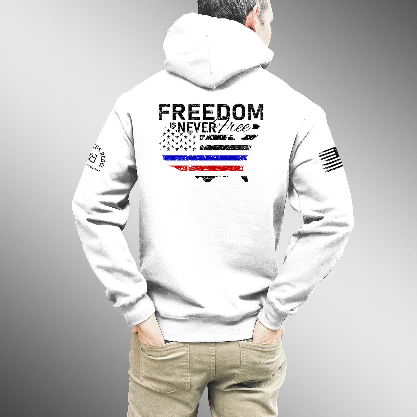 Man wearing Relentless White Men's Freedom Is Never Free Back Design Hoodie