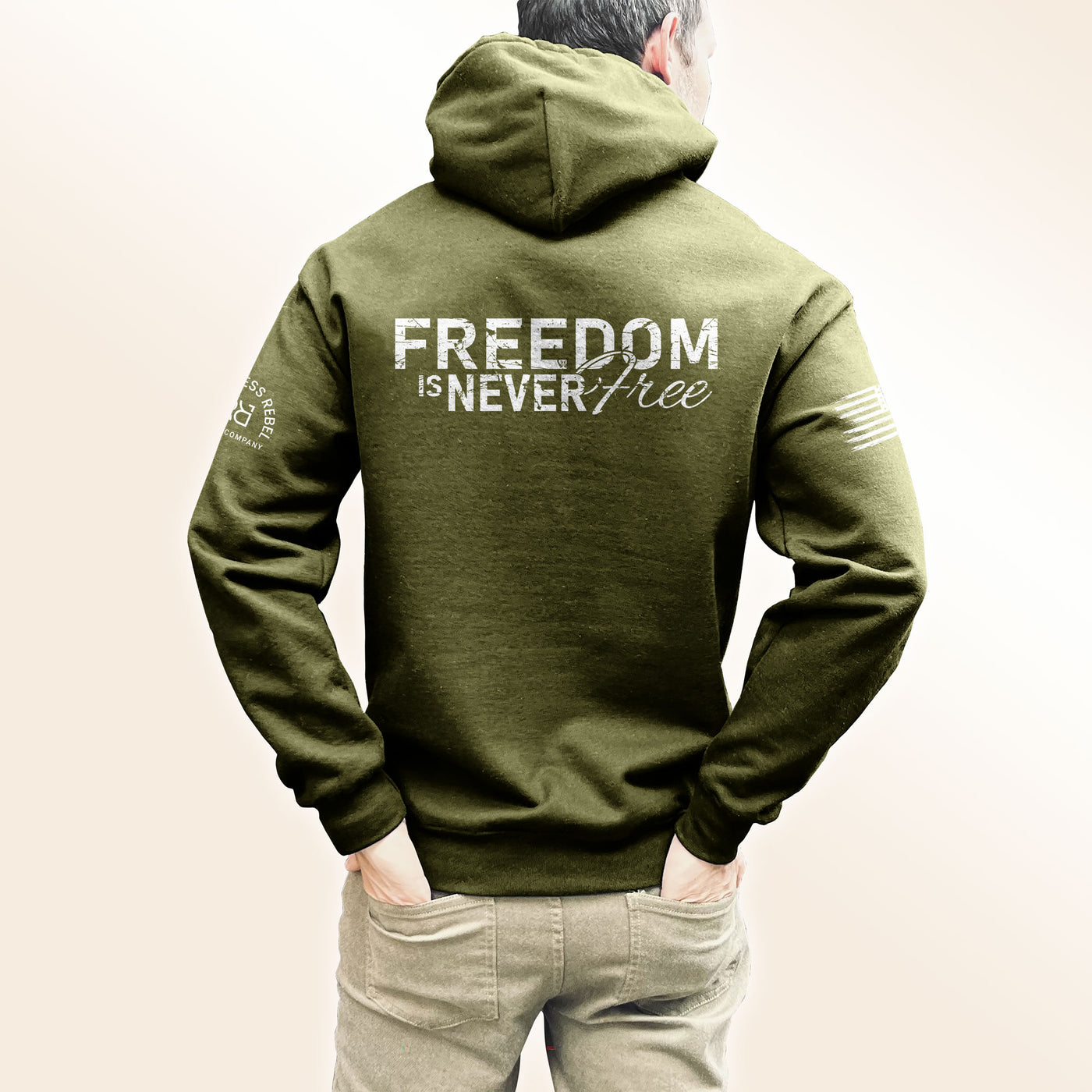 Man wearing Military Green Men's Freedom Is Never Free Back Design Hoodie