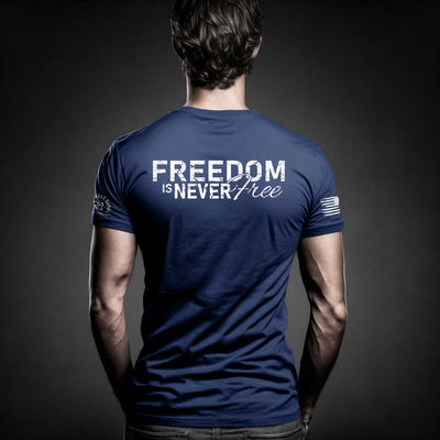 Man wearing Rebel Blue Men's Freedom Is Never Free Back Design Tee