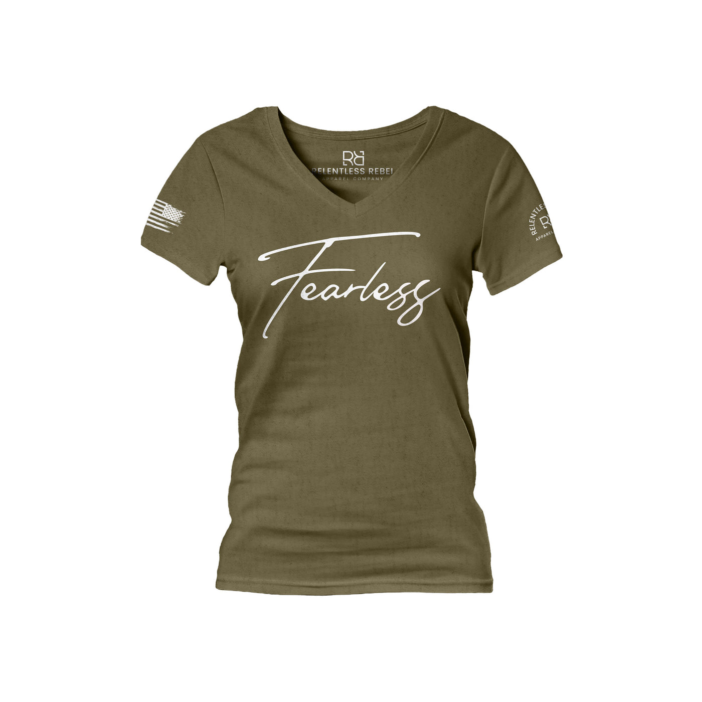 Military Green Women's Fearless Front Design V-Neck Tee