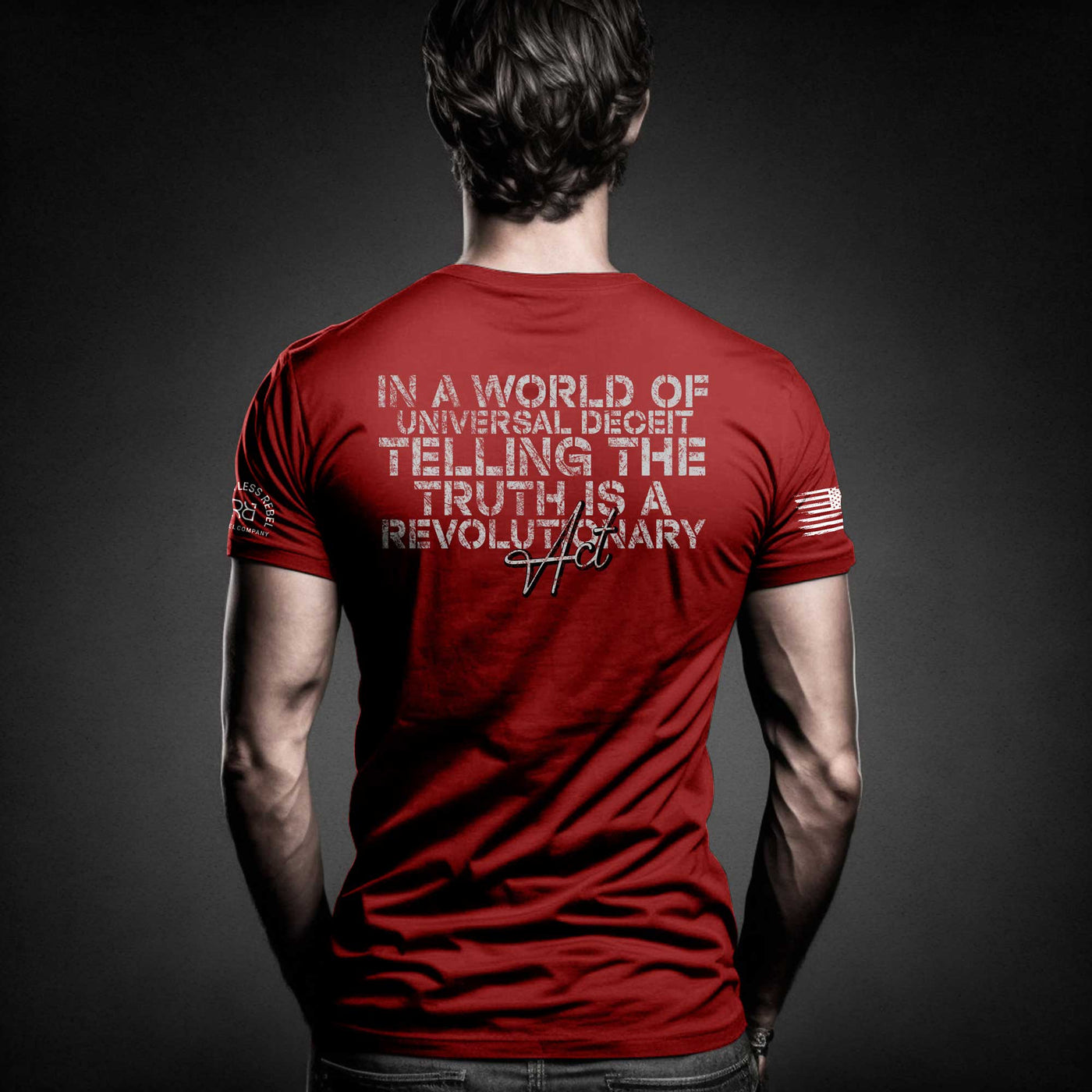Man wearing Heather Red Men's In a World of Universal Deceit... Back Design Tee
