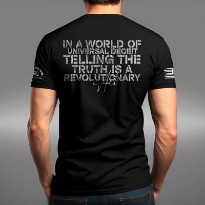 Man wearing Solid Black Men's In a World of Universal Deceit... Back Design Tee