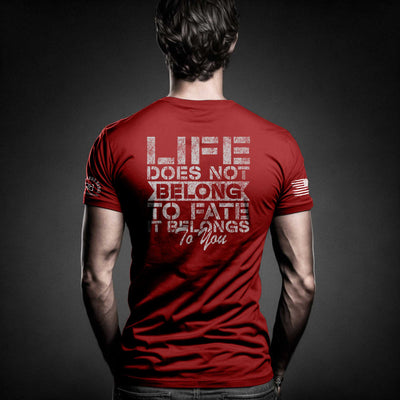 Man wearing Heather Red Men's Life Does Not Belong To Fate - It Belongs to You Back Design Tee