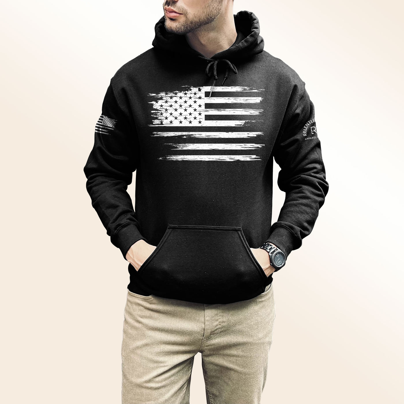 Man wearing Solid Black Men's Rebel Patriot Flag Front Design Hoodie