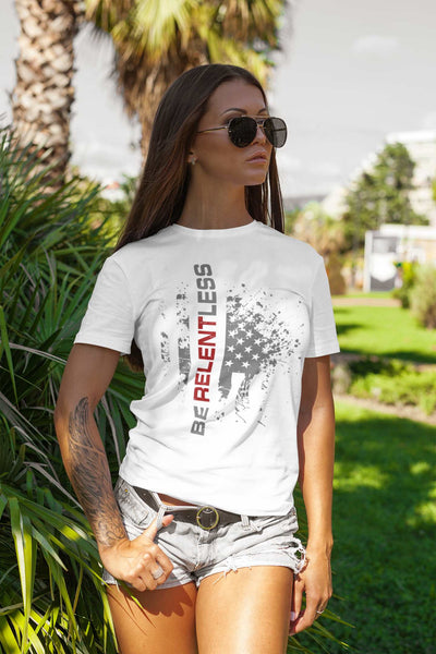 Woman wearing Relentless White Women's Be Relentless Front Design Tee