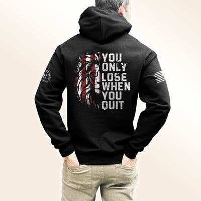 Man wearing Solid Black Men's You Only Lose When You Quit Back Design Hoodie